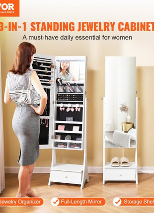Mirror Jewelry Cabinet, Standing Mirror with Storage, Lockable Jewelry Mirror Organizer with Full Length Mirror, Velvet Lining, Interior LED Light, Drawer, Freestanding Jewelry Armoire, White