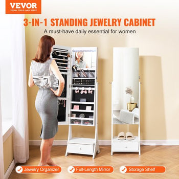 Mirror Jewelry Cabinet, Standing Mirror with Storage, Lockable Jewelry Mirror Organizer with Full Length Mirror, Velvet Lining, Interior LED Light, Drawer, Freestanding Jewelry Armoire, White