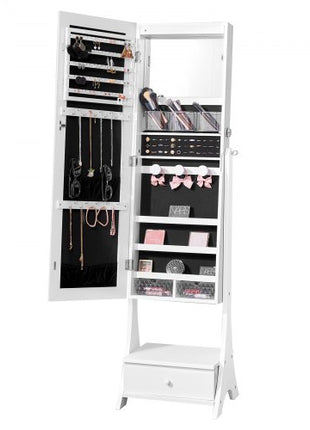 Mirror Jewelry Cabinet, Standing Mirror with Storage, Lockable Jewelry Mirror Organizer with Full Length Mirror, Velvet Lining, Interior LED Light, Drawer, Freestanding Jewelry Armoire, White