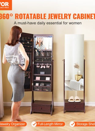 Mirror Jewelry Cabinet, Standing Mirror with Storage, Lockable Jewelry Mirror Organizer with Full Length Mirror, Velvet Lining, Interior LED Light, Drawer, Freestanding Jewelry Armoire, Brown