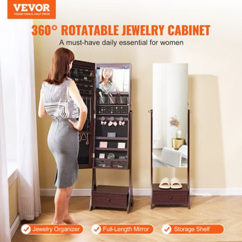 Mirror Jewelry Cabinet, Standing Mirror with Storage, Lockable Jewelry Mirror Organizer with Full Length Mirror, Velvet Lining, Interior LED Light, Drawer, Freestanding Jewelry Armoire, Brown