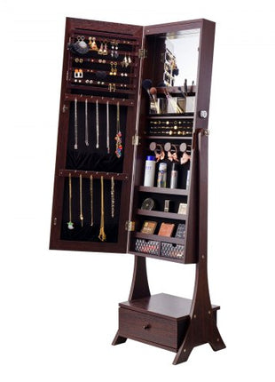 Mirror Jewelry Cabinet, Standing Mirror with Storage, Lockable Jewelry Mirror Organizer with Full Length Mirror, Velvet Lining, Interior LED Light, Drawer, Freestanding Jewelry Armoire, Brown