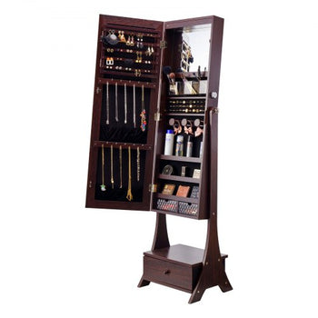 Mirror Jewelry Cabinet, Standing Mirror with Storage, Lockable Jewelry Mirror Organizer with Full Length Mirror, Velvet Lining, Interior LED Light, Drawer, Freestanding Jewelry Armoire, Brown