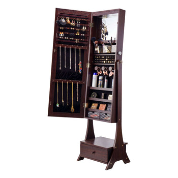 Mirror Jewelry Cabinet, Standing Mirror with Storage, Lockable Jewelry Mirror Organizer with Full Length Mirror, Velvet Lining, Interior LED Light, Drawer, Freestanding Jewelry Armoire, Brown