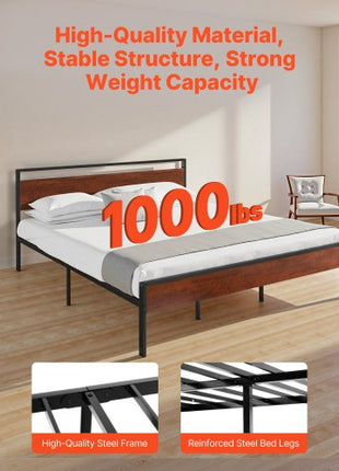 King Size Bed Frame, 14 Inch Black Metal Platform Bed Frame with Retro Brown Wooden Headboard and Footboard, Large Under-Bed Storage, Non-Slip Without Noise, No Box Spring Needed, Easy Assembly