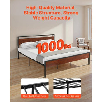 King Size Bed Frame, 14 Inch Black Metal Platform Bed Frame with Retro Brown Wooden Headboard and Footboard, Large Under-Bed Storage, Non-Slip Without Noise, No Box Spring Needed, Easy Assembly