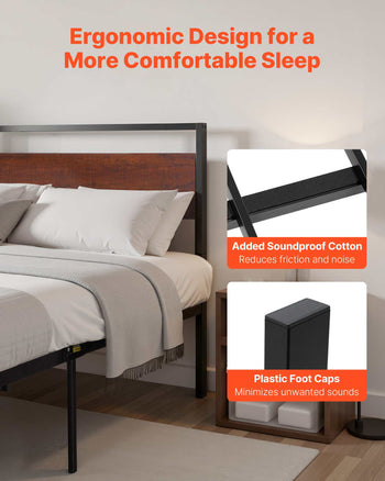 King Size Bed Frame, 14 Inch Black Metal Platform Bed Frame with Retro Brown Wooden Headboard and Footboard, Large Under-Bed Storage, Non-Slip Without Noise, No Box Spring Needed, Easy Assembly