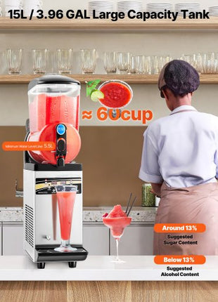 Commercial Frozen Drink Maker, 15L Single Tank Slushy Machine, 60 Cups Stainless Steel Margarita Smoothie Frozen Drink Machine, Slushie Maker for Home Party Restaurants Cafe Bars