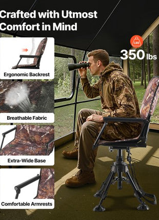 Hunting Chair, 360° Silent Swivel, Foldable Portable Blind Chair, Heavy-Duty Steel Frame Ground Stool Seat, with Armrests, Cover, Anti-Sink Feet, Height Adjustable, 350 Lbs Capacity for Camping