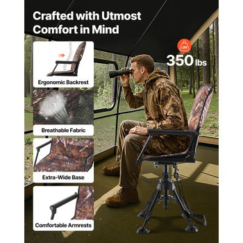 Hunting Chair, 360° Silent Swivel, Foldable Portable Blind Chair, Heavy-Duty Steel Frame Ground Stool Seat, with Armrests, Cover, Anti-Sink Feet, Height Adjustable, 350 Lbs Capacity for Camping