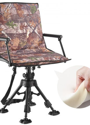 Hunting Chair, 360° Silent Swivel, Foldable Portable Blind Chair, Heavy-Duty Steel Frame Ground Stool Seat, with Armrests, Cover, Anti-Sink Feet, Height Adjustable, 350 Lbs Capacity for Camping