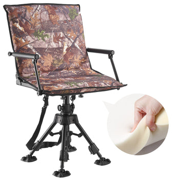 Hunting Chair, 360° Silent Swivel, Foldable Portable Blind Chair, Heavy-Duty Steel Frame Ground Stool Seat, with Armrests, Cover, Anti-Sink Feet, Height Adjustable, 350 Lbs Capacity for Camping