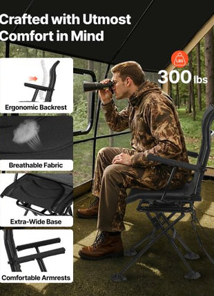 Hunting Chair, 360° Silent Swivel, Foldable Portable Blind Chair, Heavy-Duty Steel Frame Ground Stool Seat, with Armrests, Adjustable Carry Strap, Anti-Sink Feet, 300 Lbs Capacity for Fishing