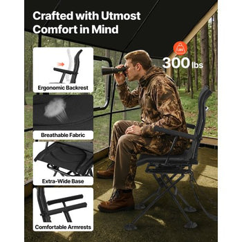 Hunting Chair, 360° Silent Swivel, Foldable Portable Blind Chair, Heavy-Duty Steel Frame Ground Stool Seat, with Armrests, Adjustable Carry Strap, Anti-Sink Feet, 300 Lbs Capacity for Fishing