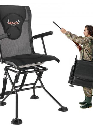 Hunting Chair, 360° Silent Swivel, Foldable Portable Blind Chair, Heavy-Duty Steel Frame Ground Stool Seat, with Armrests, Adjustable Carry Strap, Anti-Sink Feet, 300 Lbs Capacity for Fishing