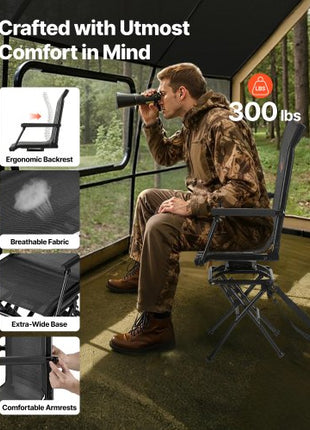 Hunting Chair, 360° Silent Swivel, Foldable Lightweight Portable Blind Chair, Heavy-Duty Steel Frame Ground Stool Seat, with Armrest, Adjustable Carry Strap, 300 Lbs Capacity for Fishing Camping