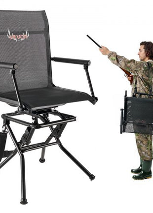 Hunting Chair, 360° Silent Swivel, Foldable Lightweight Portable Blind Chair, Heavy-Duty Steel Frame Ground Stool Seat, with Armrest, Adjustable Carry Strap, 300 Lbs Capacity for Fishing Camping