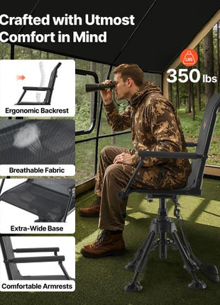 Hunting Chair, 360° Silent Swivel, Foldable Portable Blind Chair, Heavy-Duty Steel Frame Ground Stool Seat,with Armrests, Anti-Sink Feet, Height Adjustable, 350 Lbs Capacity for Fishing Camping
