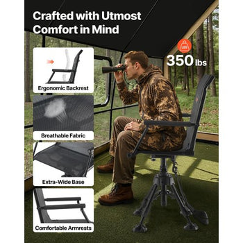 Hunting Chair, 360° Silent Swivel, Foldable Portable Blind Chair, Heavy-Duty Steel Frame Ground Stool Seat,with Armrests, Anti-Sink Feet, Height Adjustable, 350 Lbs Capacity for Fishing Camping