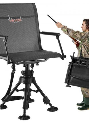 Hunting Chair, 360° Silent Swivel, Foldable Portable Blind Chair, Heavy-Duty Steel Frame Ground Stool Seat,with Armrests, Anti-Sink Feet, Height Adjustable, 350 Lbs Capacity for Fishing Camping