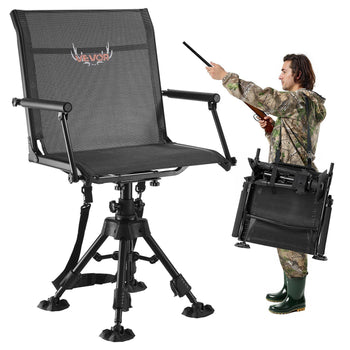 Hunting Chair, 360° Silent Swivel, Foldable Portable Blind Chair, Heavy-Duty Steel Frame Ground Stool Seat,with Armrests, Anti-Sink Feet, Height Adjustable, 350 Lbs Capacity for Fishing Camping