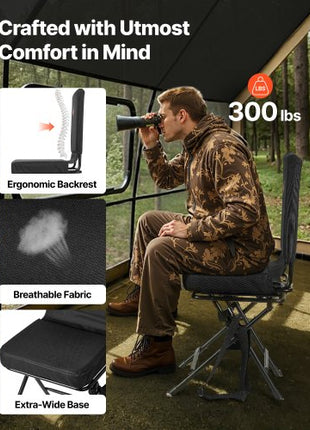 Hunting Chair, 360° Silent Swivel, Foldable Lightweight Portable Blind Chair, Heavy-Duty Steel Frame Ground Stool Seat, with Adjustable Shoulder Strap, 300 Lbs Capacity for Fishing, Camping