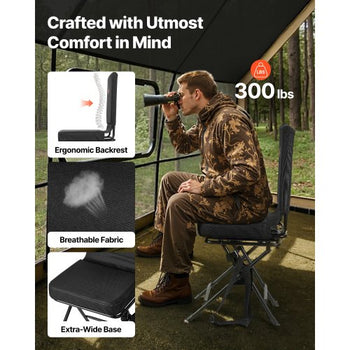 Hunting Chair, 360° Silent Swivel, Foldable Lightweight Portable Blind Chair, Heavy-Duty Steel Frame Ground Stool Seat, with Adjustable Shoulder Strap, 300 Lbs Capacity for Fishing, Camping