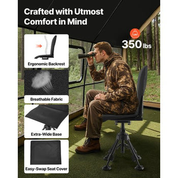 Hunting Chair, 360° Silent Swivel, Foldable Portable Blind Chair, Heavy-Duty Steel Frame Ground Stool Seat,with Seat Cover, Anti-Sink Feet, Height Adjustable, 350 Lbs Capacity, for Fishing