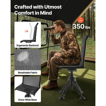 Hunting Chair, 360° Silent Swivel, Foldable Portable Blind Chair, Heavy-Duty Steel Frame Ground Stool Seat with Anti-Sink Swivel Feet, Height Adjustable, 350 Lbs Capacity for Fishing Camping