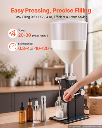 Manual Filling Machine, 10-120 ml, 12 L Hopper, Paste Liquid Filler, for Water, Honey, Oil, Shampoo and Lotion, Anti-Drip Nozzle, Adjustable Bottle Stand, Carbon Steel Body, Effort-Saving Handle