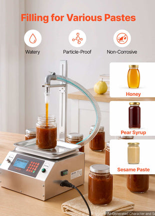 Liquid Filling Machine, 20-5000g Recommend Automatic Bottle Filler, for Honey, Pear Syrup, Sesame Paste, Stainless Steel, Digital Weighing, Adjustable Stand, Memory Presets, Easy to Operate