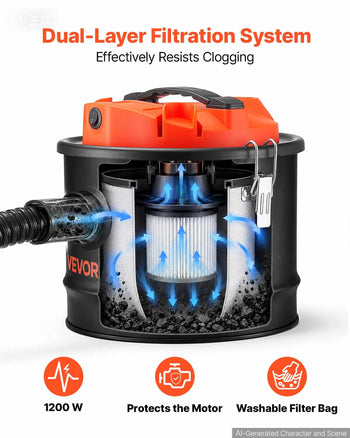 Ash Vacuum 2.6 Gallon, 1200W Powerful Fireplace Cleaner Steel Body, for Fireplace, Pellet Stoves, Wood Stoves, Fire Pit, Grills, Double Stage Filtration System, 2.7 FT Hose, Black & Orange