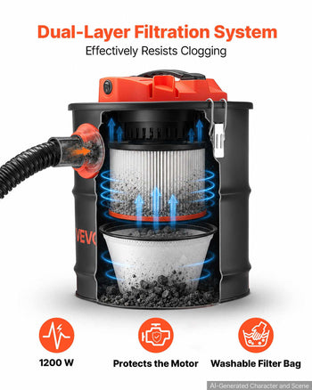 Ash Vacuum 4 Gallon, 1200W Powerful Fireplace Cleaner Steel Body, for Fireplaces, Pellet Stoves, Wood Stoves, Fire Pits, Grills, Double Stage Filtration System, 4 FT Hose, Black & Orange
