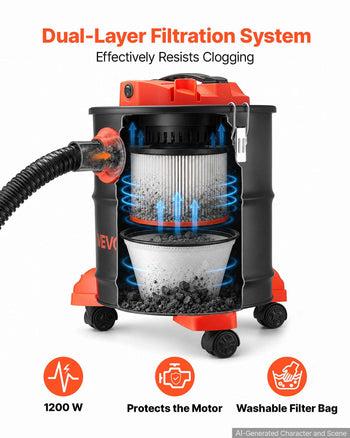 Ash Vacuum 5.3 Gallon, 1200W Powerful Fireplace Cleaner with Casters, for Fireplace, Pellet Stove, Wood Stoves, Fire Pit, Grills, Steel Body, Double Stage Filtration, 5 FT Hose, Black & Orange