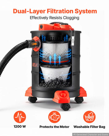 Ash Vacuum 6 Gallon, 1200W Powerful Fireplace Cleaner with Casters, for Fireplaces, Pellet Stoves, Wood Stoves, Fire Pits, Grills, Steel Body, Double Stage Filtration, 5 FT Hose, Black & Orange