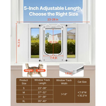 Cat Door for Window, Adjustable to Fit Window Width 23"-28", 4 Secure Lock Modes, Aluminum Frame and High-Transparency Glass, Magnetic Closure, Weatherproof Quick-Fit Pet Door for Cats, White