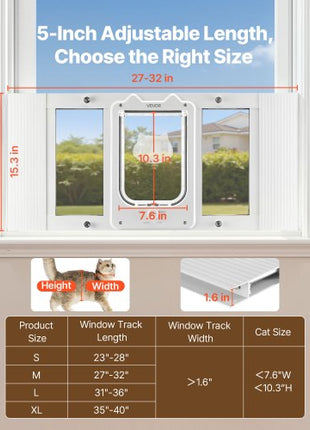 Cat Door for Window, Adjustable to Fit Window Width 27"-32", 4 Secure Lock Modes, Aluminum Frame and High-Transparency Glass, Magnetic Closure, Weatherproof Quick-Fit Pet Door for Cats, White