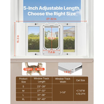 Cat Door for Window, Adjustable to Fit Window Width 27"-32", 4 Secure Lock Modes, Aluminum Frame and High-Transparency Glass, Magnetic Closure, Weatherproof Quick-Fit Pet Door for Cats, White