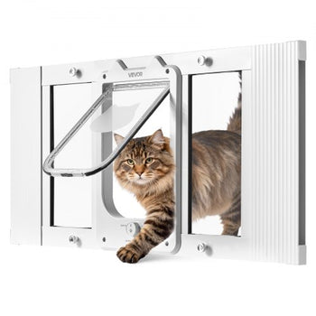 Cat Door for Window, Adjustable to Fit Window Width 27"-32", 4 Secure Lock Modes, Aluminum Frame and High-Transparency Glass, Magnetic Closure, Weatherproof Quick-Fit Pet Door for Cats, White