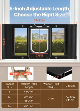 Cat Door for Window, Adjustable to Fit Window Width 27"-32", 4 Secure Lock Modes, Aluminum Frame and High-Transparency Glass, Magnetic Closure, Weatherproof Quick-Fit Pet Door for Cats, Black