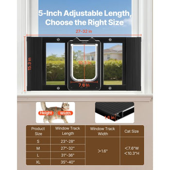 Cat Door for Window, Adjustable to Fit Window Width 27"-32", 4 Secure Lock Modes, Aluminum Frame and High-Transparency Glass, Magnetic Closure, Weatherproof Quick-Fit Pet Door for Cats, Black