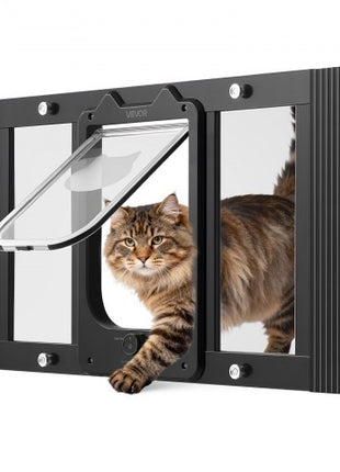 Cat Door for Window, Adjustable to Fit Window Width 27"-32", 4 Secure Lock Modes, Aluminum Frame and High-Transparency Glass, Magnetic Closure, Weatherproof Quick-Fit Pet Door for Cats, Black