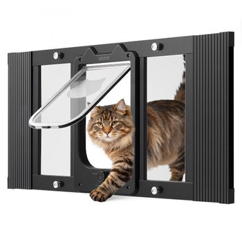 Cat Door for Window, Adjustable to Fit Window Width 27"-32", 4 Secure Lock Modes, Aluminum Frame and High-Transparency Glass, Magnetic Closure, Weatherproof Quick-Fit Pet Door for Cats, Black