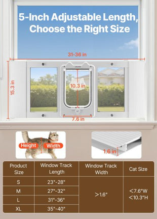 Cat Door for Window, Adjustable to Fit Window Width 31"-36", 4 Secure Lock Modes, Aluminum Frame and High-Transparency Glass, Magnetic Closure, Weatherproof Quick-Fit Pet Door for Cats, White