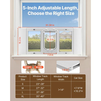 Cat Door for Window, Adjustable to Fit Window Width 31"-36", 4 Secure Lock Modes, Aluminum Frame and High-Transparency Glass, Magnetic Closure, Weatherproof Quick-Fit Pet Door for Cats, White