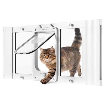 Cat Door for Window, Adjustable to Fit Window Width 31"-36", 4 Secure Lock Modes, Aluminum Frame and High-Transparency Glass, Magnetic Closure, Weatherproof Quick-Fit Pet Door for Cats, White
