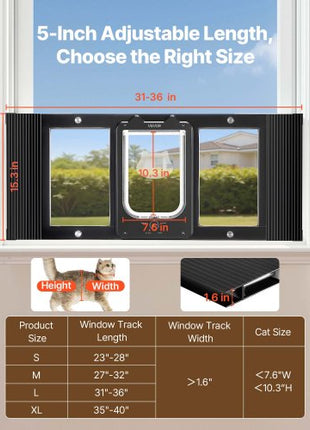 Cat Door for Window, Adjustable to Fit Window Width 31"-36", 4 Secure Lock Modes, Aluminum Frame and High-Transparency Glass, Magnetic Closure, Weatherproof Quick-Fit Pet Door for Cats, Black
