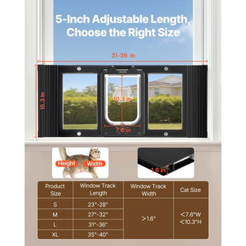 Cat Door for Window, Adjustable to Fit Window Width 31"-36", 4 Secure Lock Modes, Aluminum Frame and High-Transparency Glass, Magnetic Closure, Weatherproof Quick-Fit Pet Door for Cats, Black