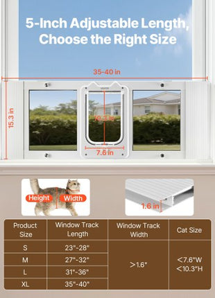 Cat Door for Window, Adjustable to Fit Window Width 35"-40", 4 Secure Lock Modes, Aluminum Frame and High-Transparency Glass, Magnetic Closure, Weatherproof Quick-Fit Pet Door for Cats, White