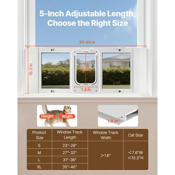 Cat Door for Window, Adjustable to Fit Window Width 35"-40", 4 Secure Lock Modes, Aluminum Frame and High-Transparency Glass, Magnetic Closure, Weatherproof Quick-Fit Pet Door for Cats, White